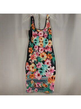 Bisou Bisou NWT 4 Black Tropical Floral Sheath Dress Stretch Geometric Border